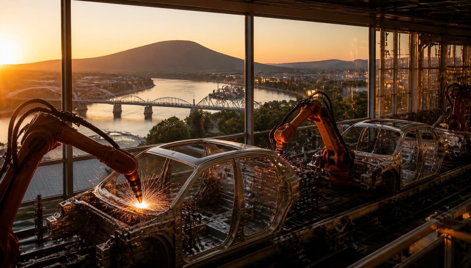 Chattanooga Tennessee Volkswagen assembly line and advanced manufacturing corridor at golden hour