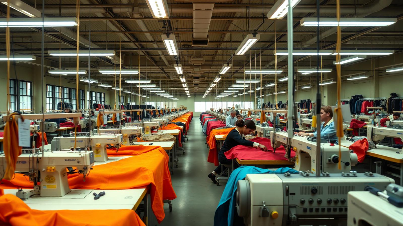 Rows of industrial sewing machines in a US cut-and-sew apparel factory