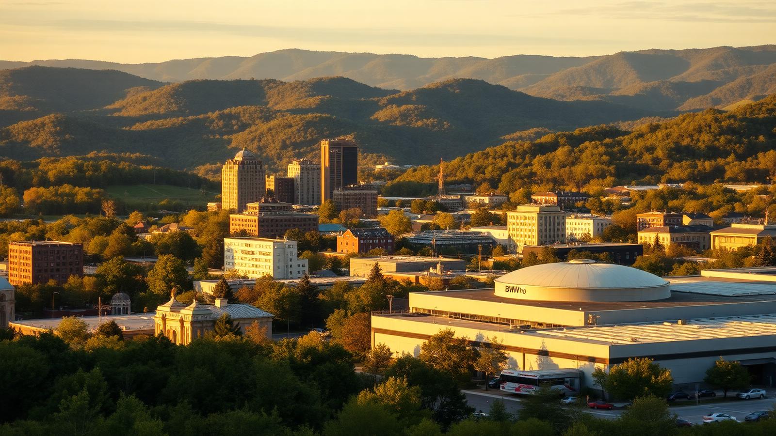 Greenville South Carolina Upstate landscape with automotive assembly plant at golden hour