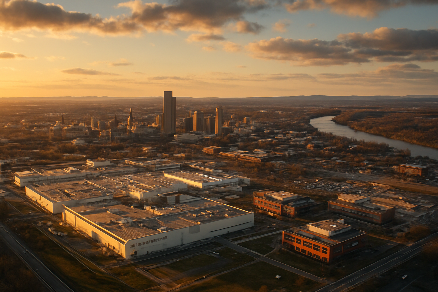 Albany New York manufacturing corridor at golden hour
