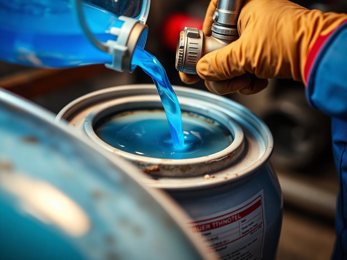 Blue specialty chemical being drummed from a stainless fill nozzle
