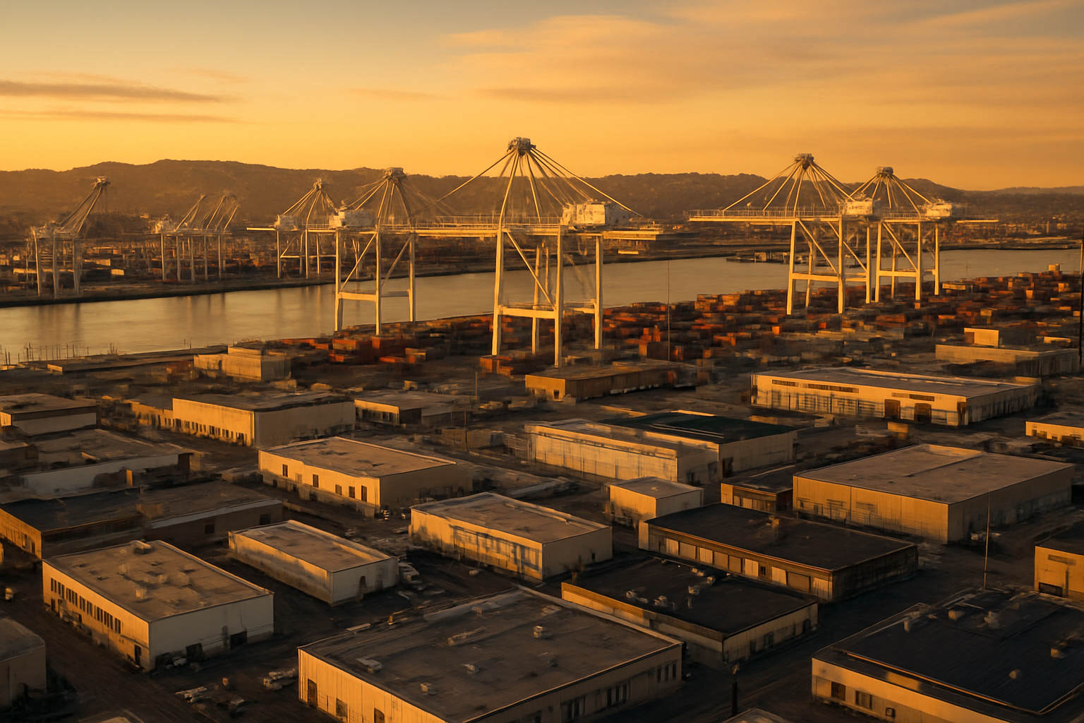 Oakland California port and food-and-beverage manufacturing corridor at golden hour