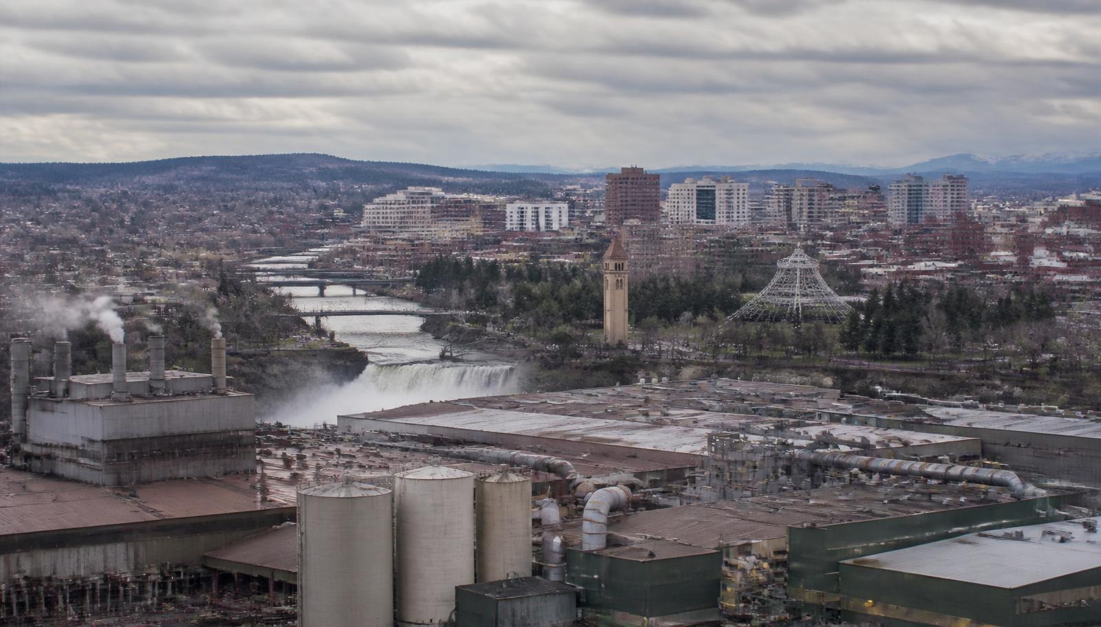 Spokane Washington aerospace and metals manufacturing corridor at golden hour