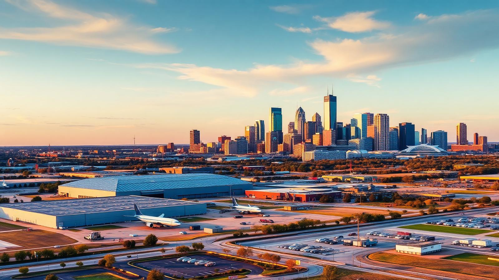 Dallas Fort Worth skyline with aerospace hangar and industrial parks at golden hour
