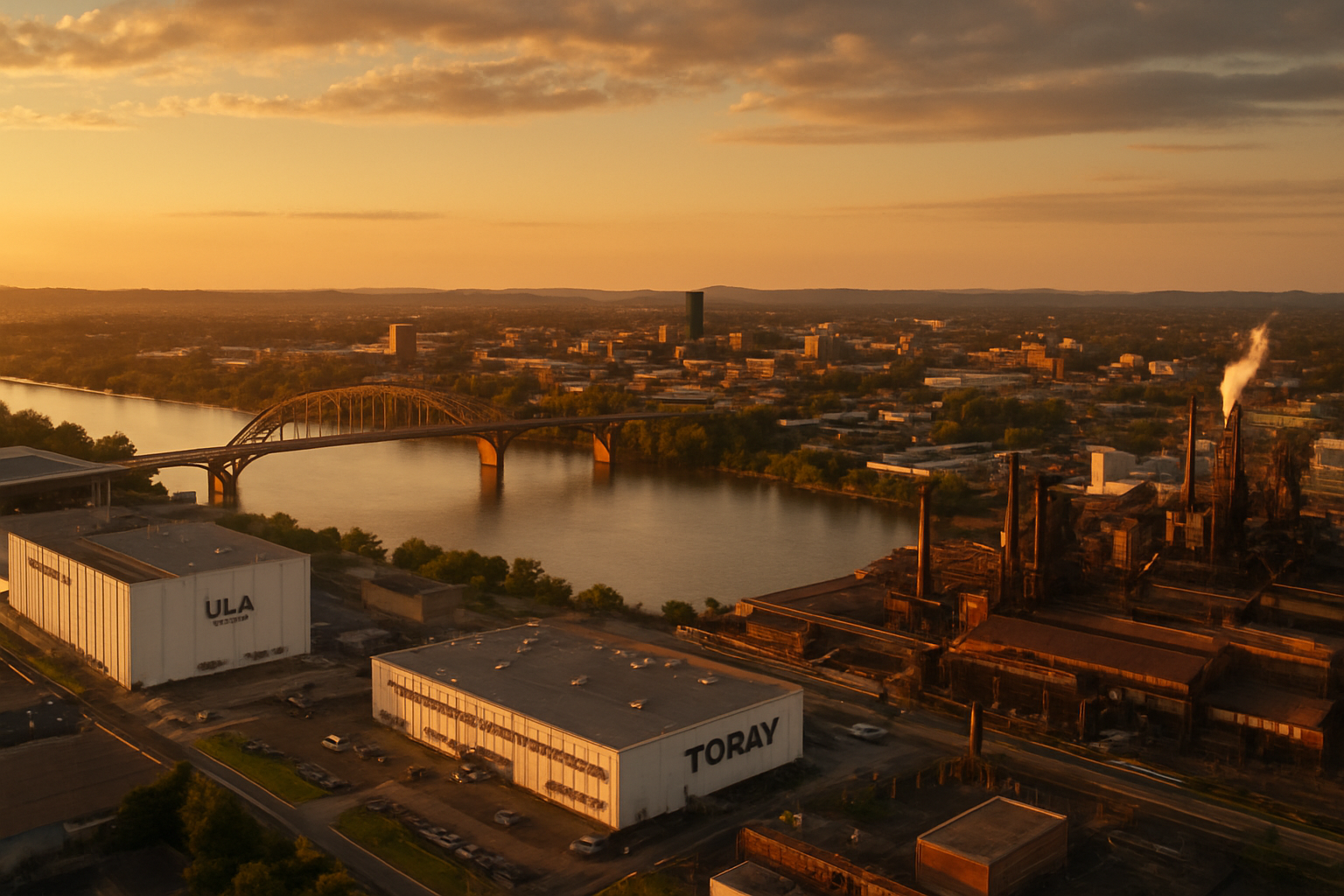 Decatur Alabama manufacturing corridor at golden hour