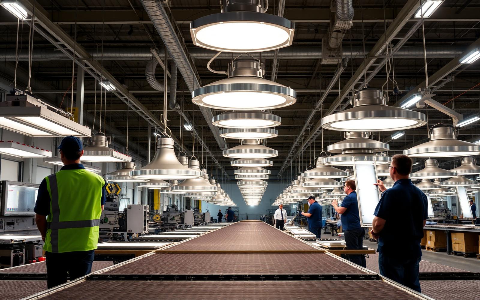Commercial LED fixture assembly line in a lighting manufacturing facility
