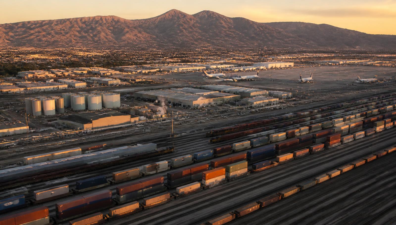 San Bernardino California manufacturing corridor at golden hour