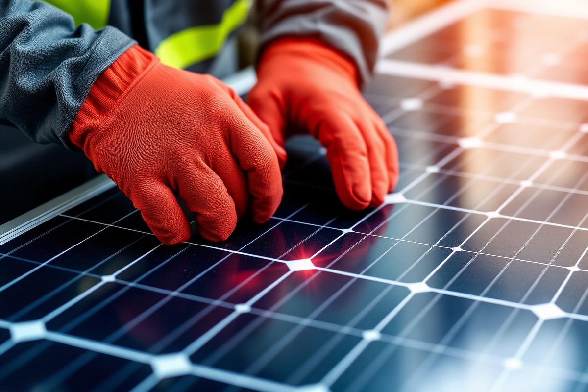 Gloved hands assembling a solar panel with photovoltaic cells and aluminum frame