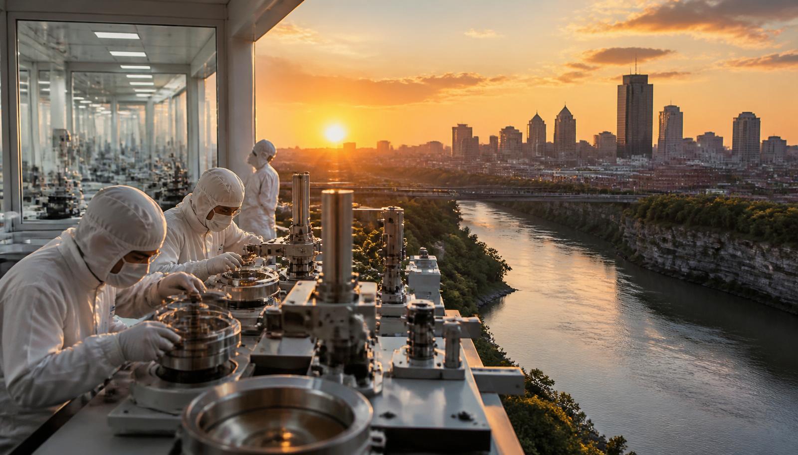 Rochester New York precision manufacturing skyline at golden hour