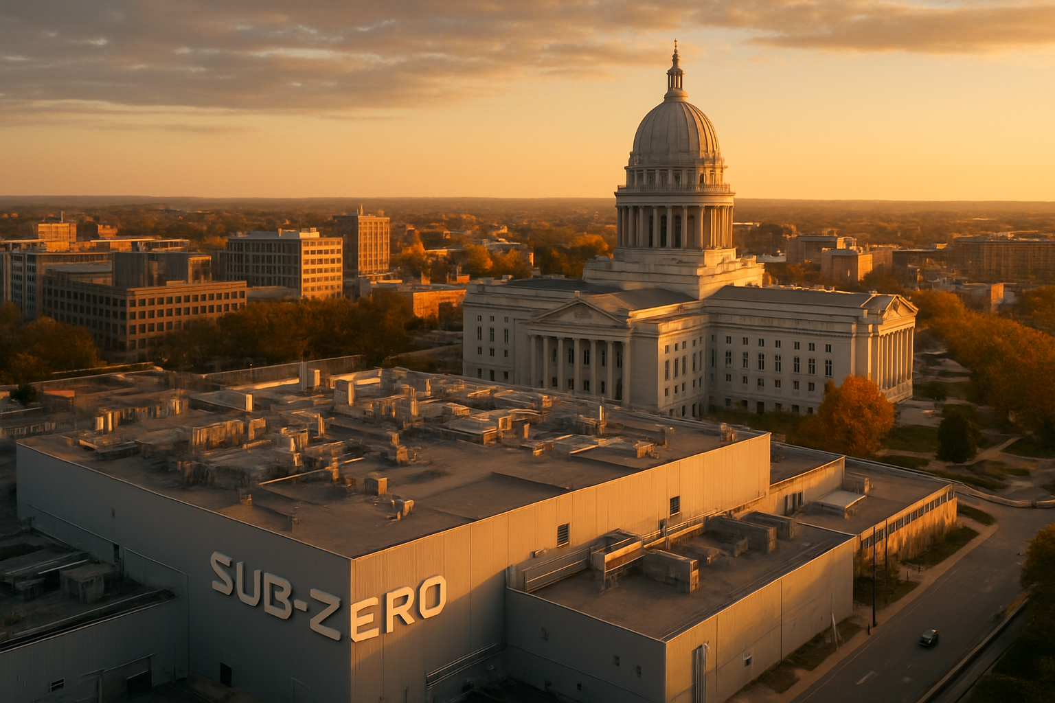 Madison Wisconsin consumer durables and food processing corridor at golden hour