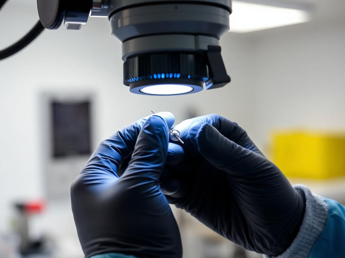 Gloved hands inspecting a small surgical instrument under a magnifier