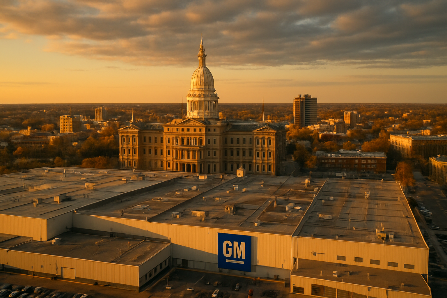 Lansing Michigan GM assembly and Tier-1 supplier corridor at golden hour