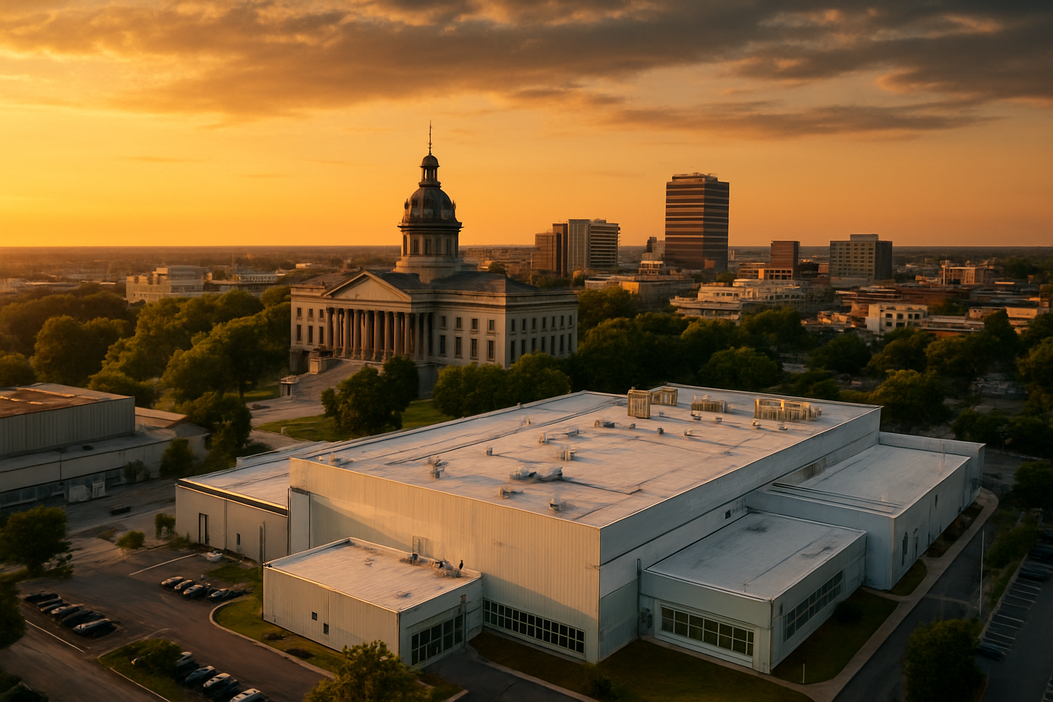 Columbia South Carolina automotive supplier and pharma corridor at golden hour