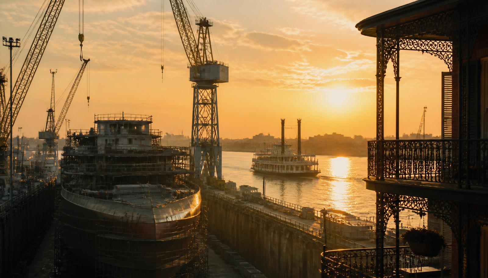 New Orleans Louisiana Mississippi River shipbuilding and industrial corridor at golden hour