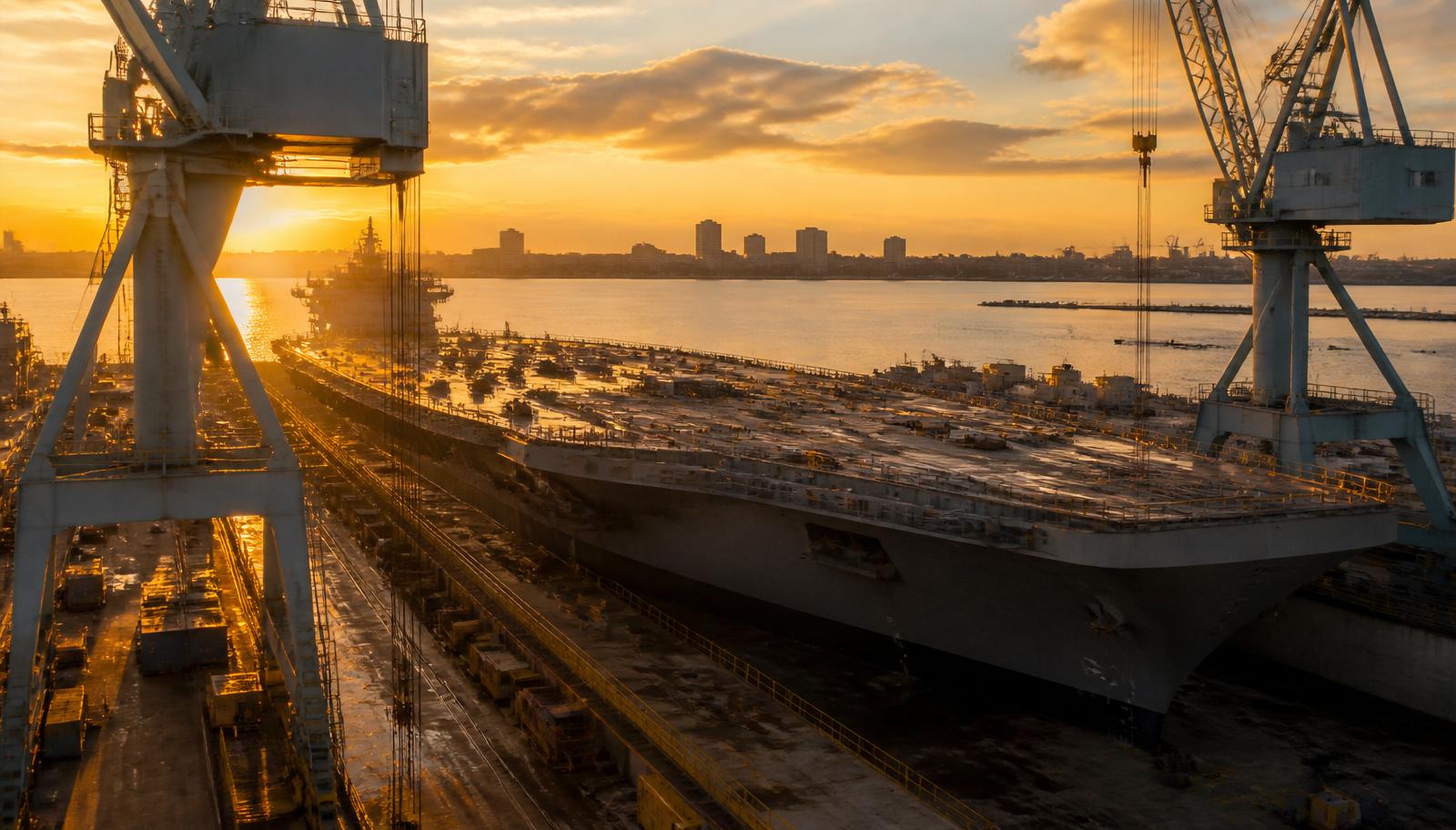 Norfolk Virginia naval shipyard and defense manufacturing corridor at golden hour