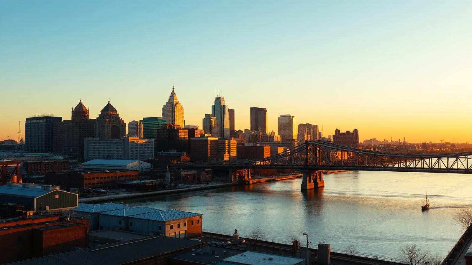 Cincinnati Ohio skyline along the Ohio River with the Roebling Bridge at sunset