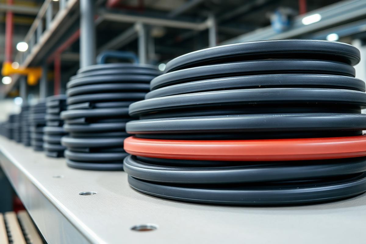 Stacked industrial rubber gaskets and seals on a production line