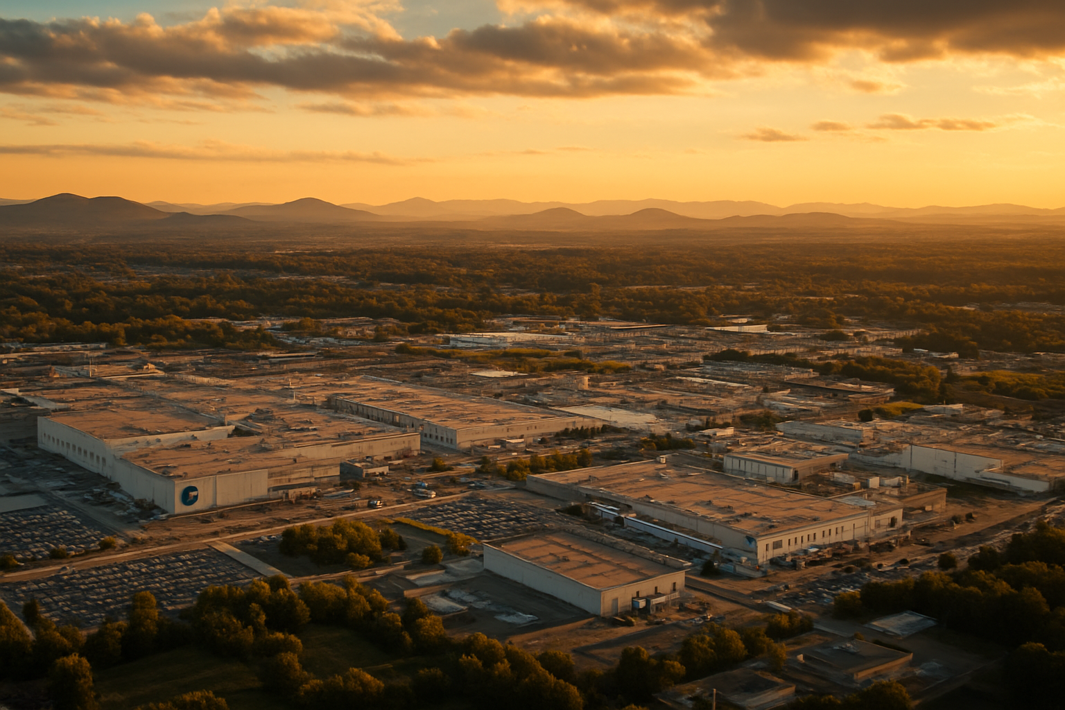 Spartanburg South Carolina manufacturing corridor at golden hour