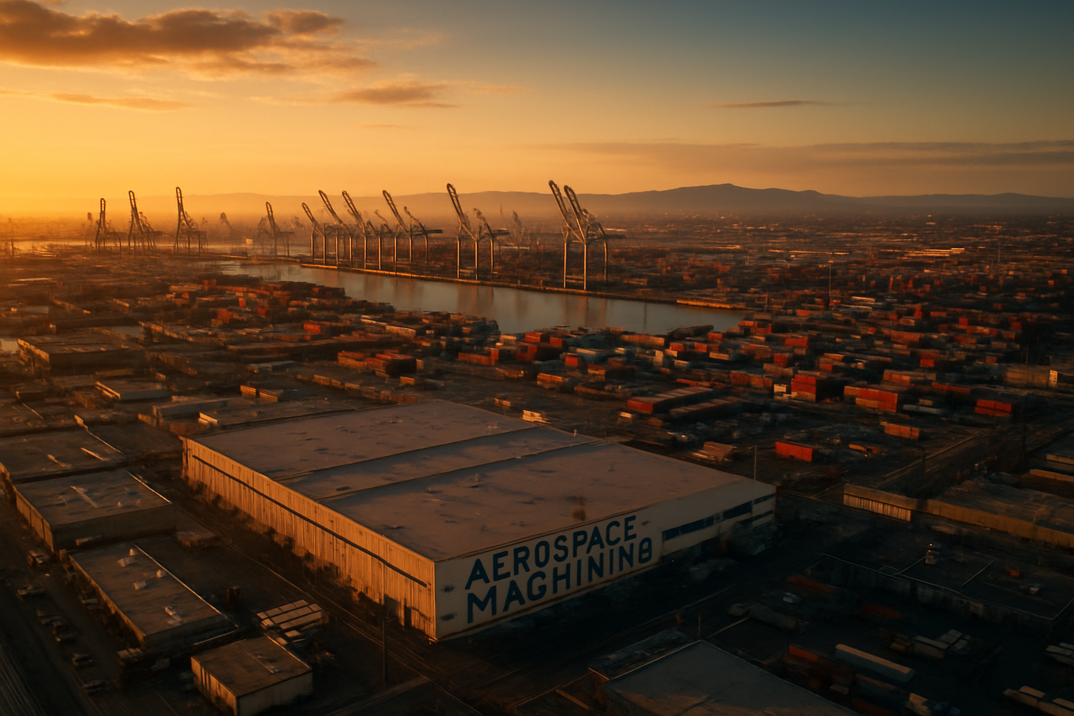 Long Beach California aerospace and port manufacturing corridor at golden hour