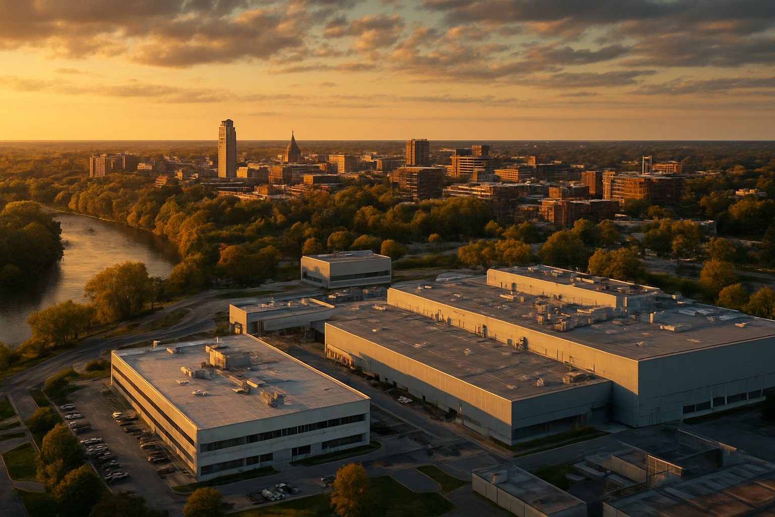 Ann Arbor Michigan advanced manufacturing and med-device corridor at golden hour