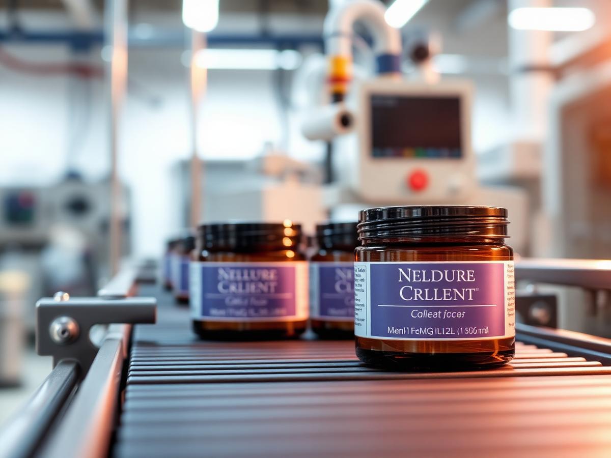 Labeled cosmetic cream jars moving down a conveyor in a personal care manufacturing plant