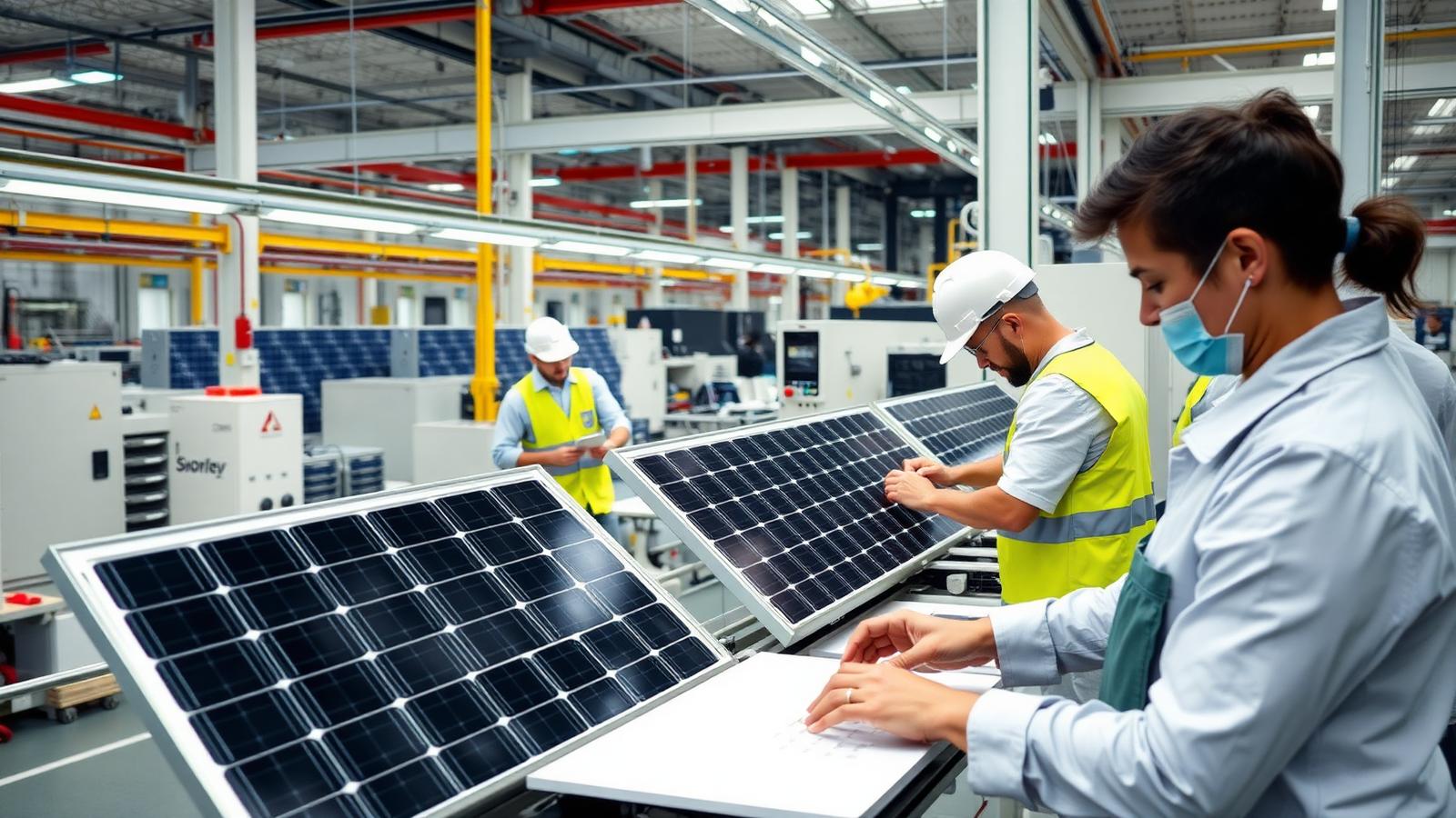 Workers assembling solar panels and battery modules on a production line in a US renewable energy equipment factory