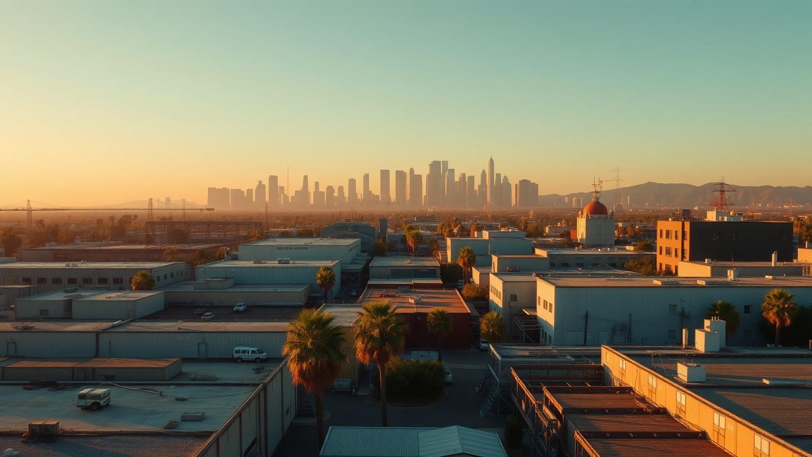 Bakersfield California oilfield and Central Valley industrial corridor at golden hour