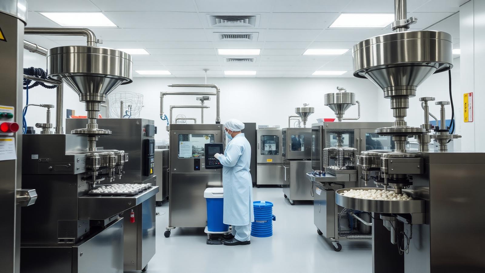 Technicians operating tablet press and capsule machines in a US pharmaceutical manufacturing cleanroom