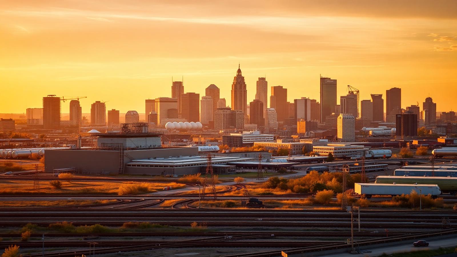 Kansas City Missouri skyline at sunset with rail freight yards