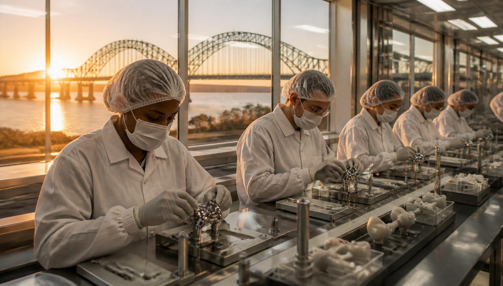 Memphis Tennessee medical device manufacturing corridor along the Mississippi River at golden hour
