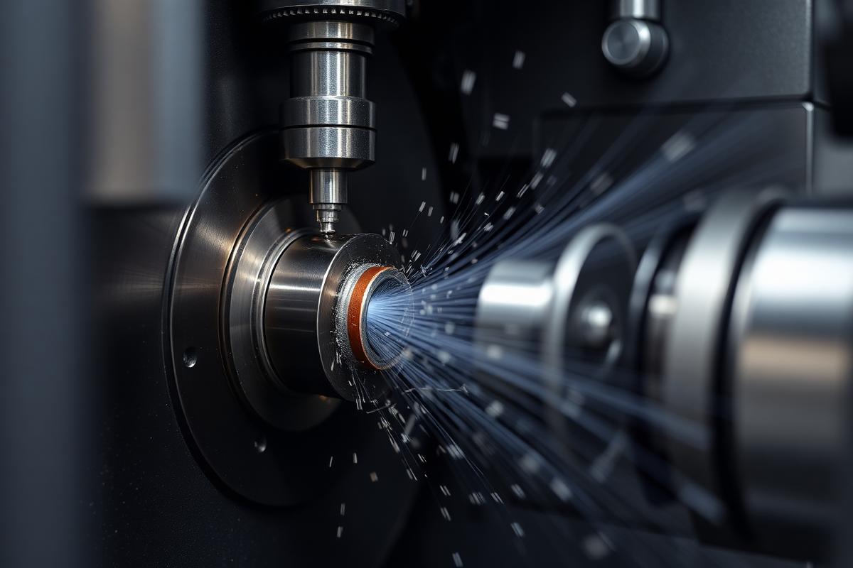 CNC lathe cutting a metal part with coolant spray and chips flying