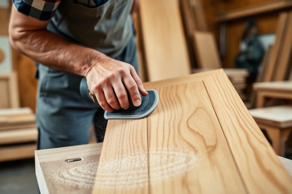 Woodworker sanding a finished cabinet door in a furniture manufacturing workshop