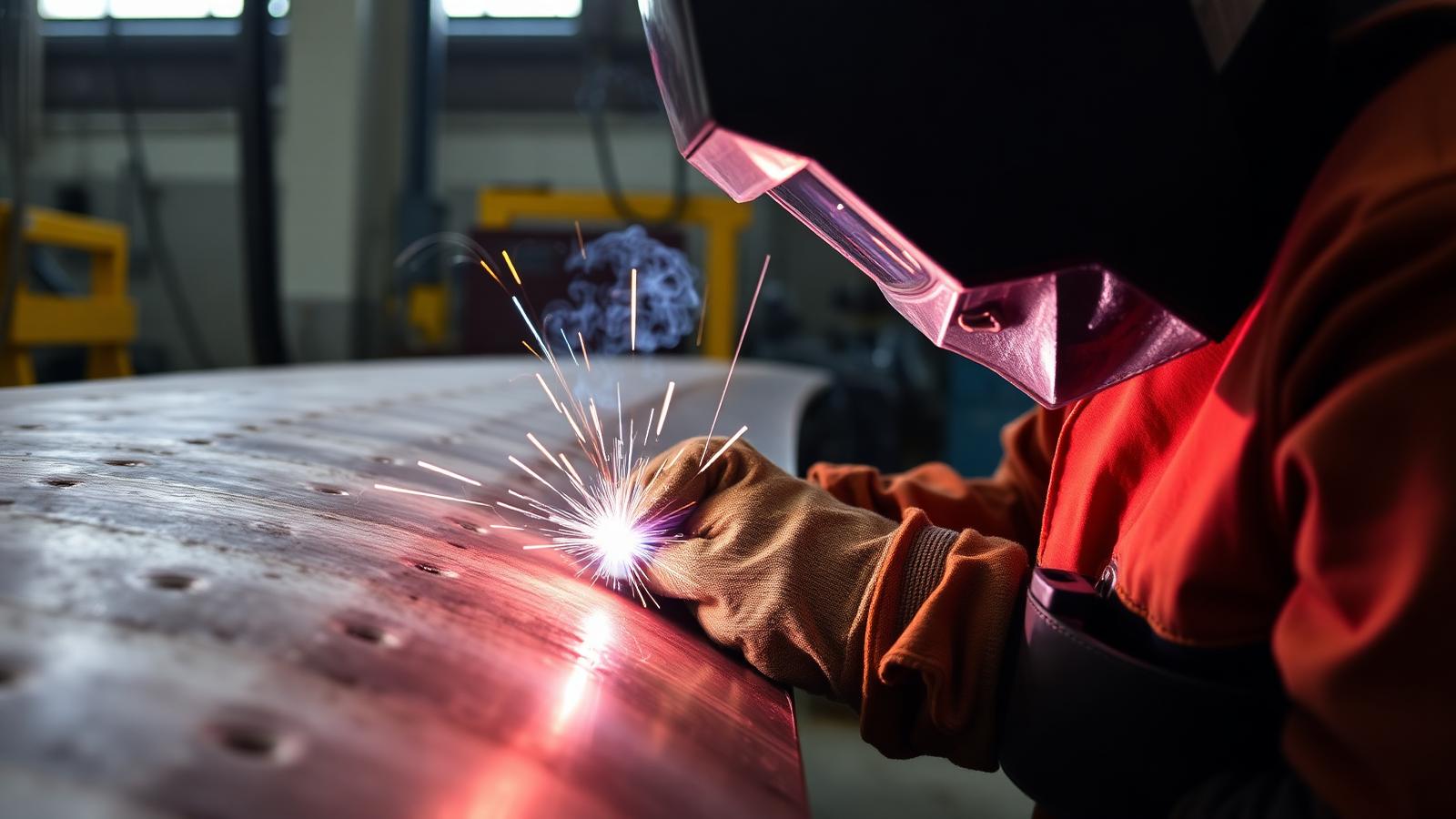 Welders working on a marine vessel hull in a dry dock