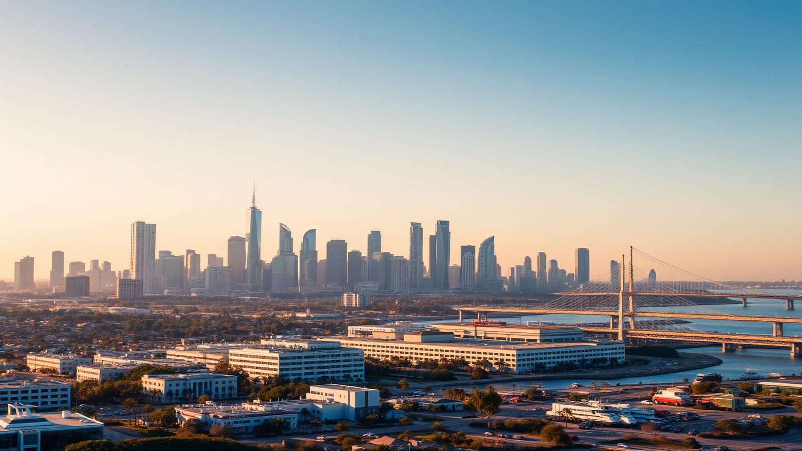 San Diego California skyline with the Coronado Bridge and biotech campus at golden hour