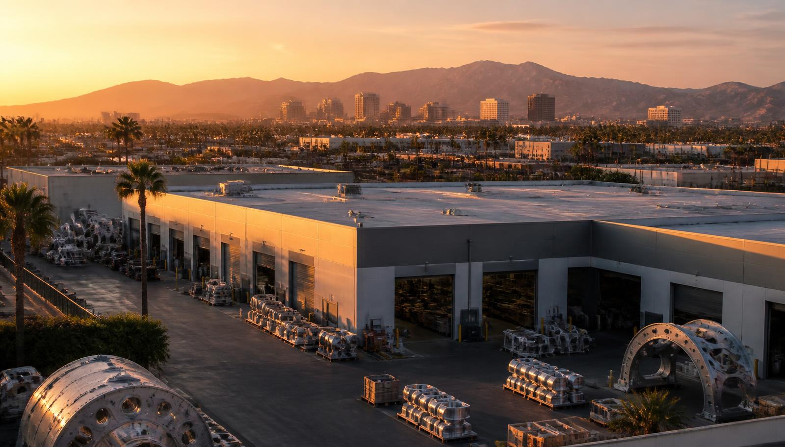 Anaheim California manufacturing corridor at golden hour