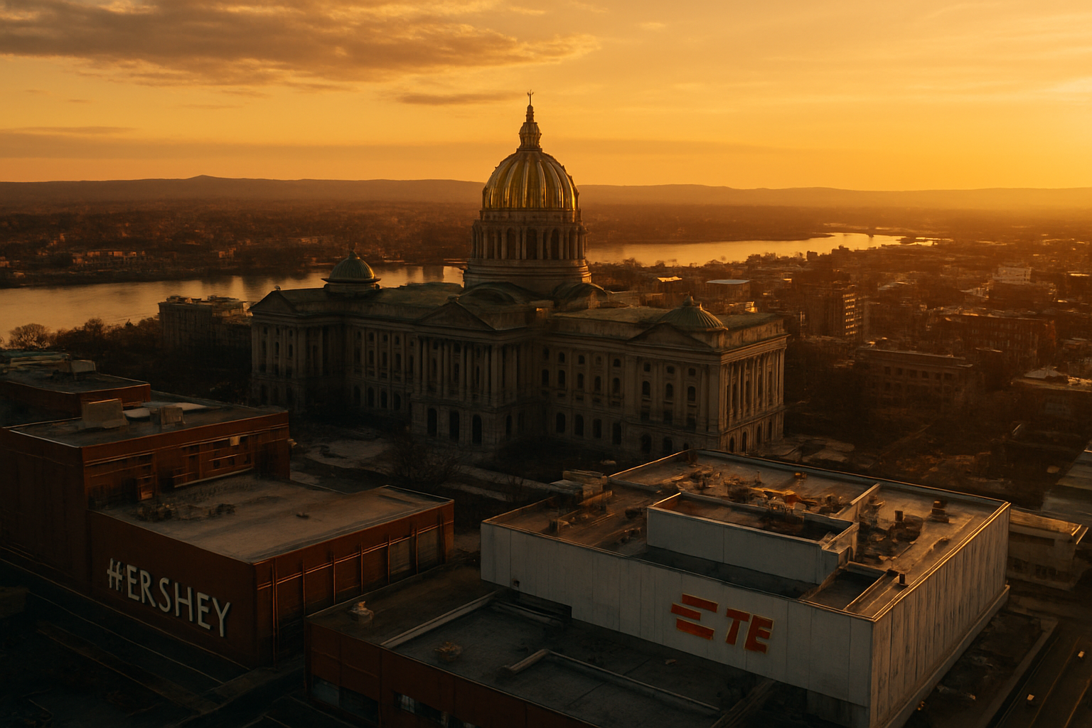 Harrisburg Pennsylvania manufacturing corridor at golden hour
