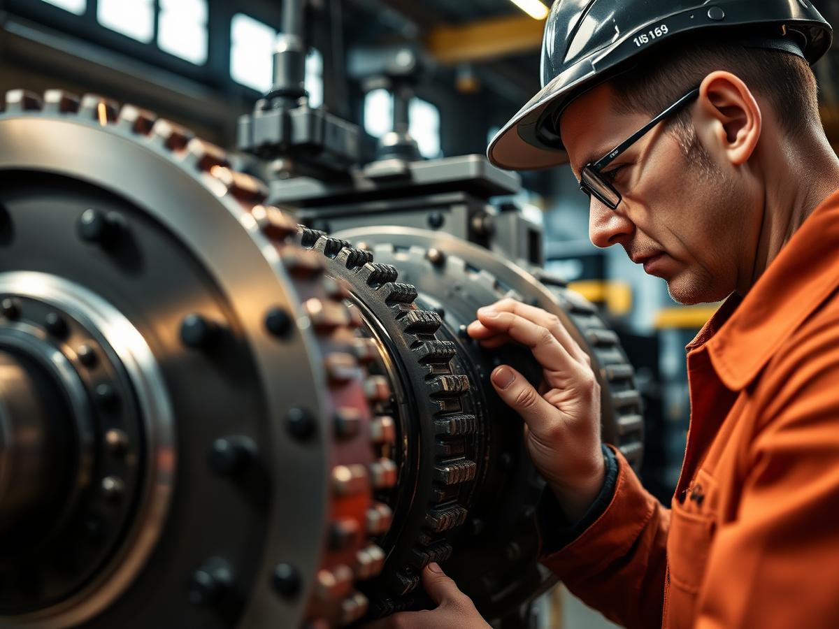 Engineer inspecting a large industrial gearbox assembly in a machinery plant