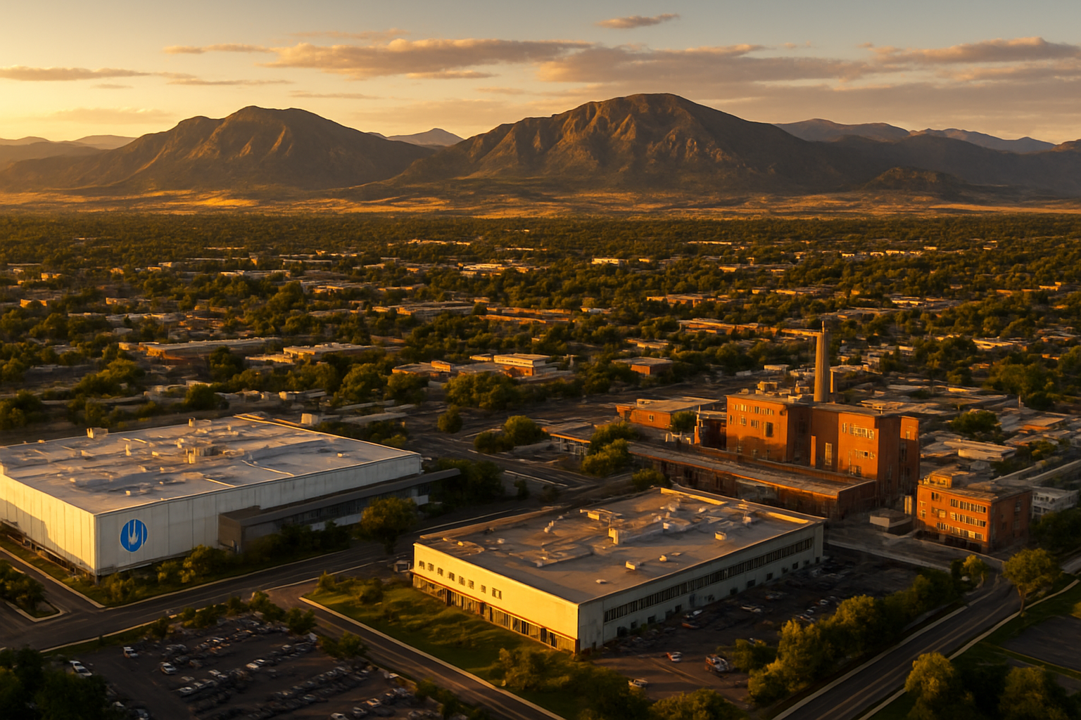 Fort Collins Colorado manufacturing corridor at golden hour