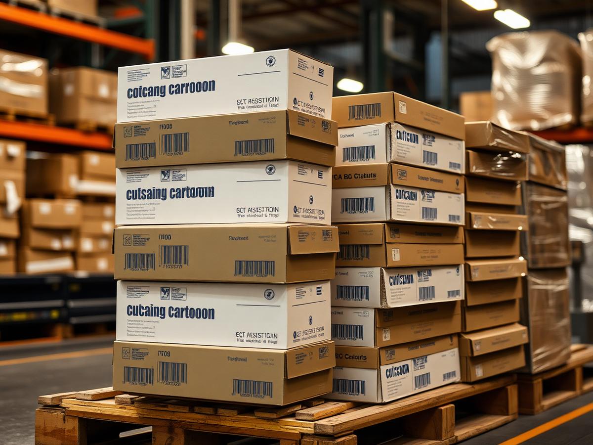 Stacks of printed folding cartons and corrugated boxes on a pallet