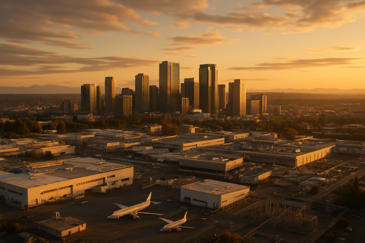 Bellevue Washington manufacturing corridor at golden hour
