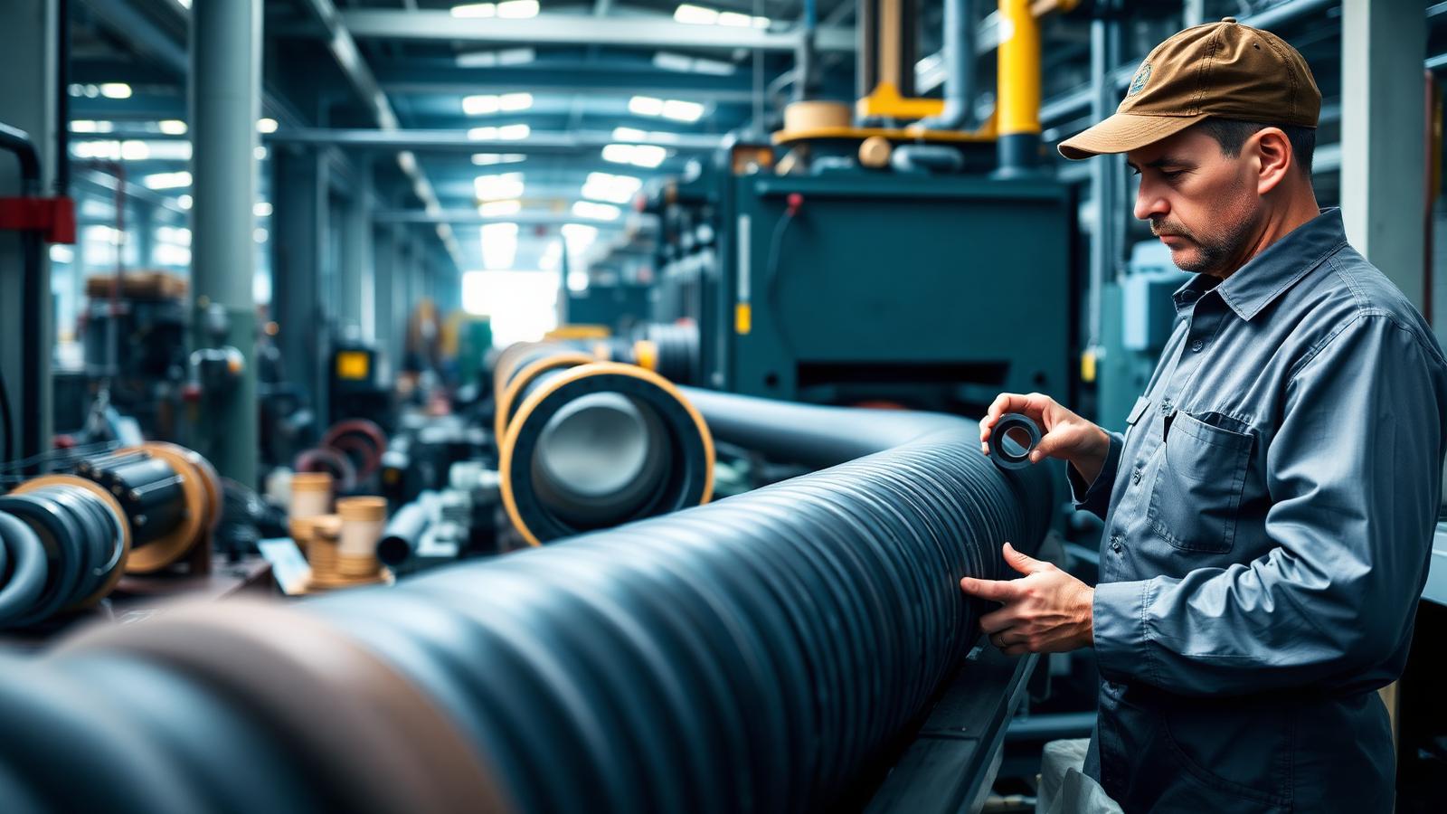 US rubber manufacturing plant with an extrusion line producing rubber hose and belting