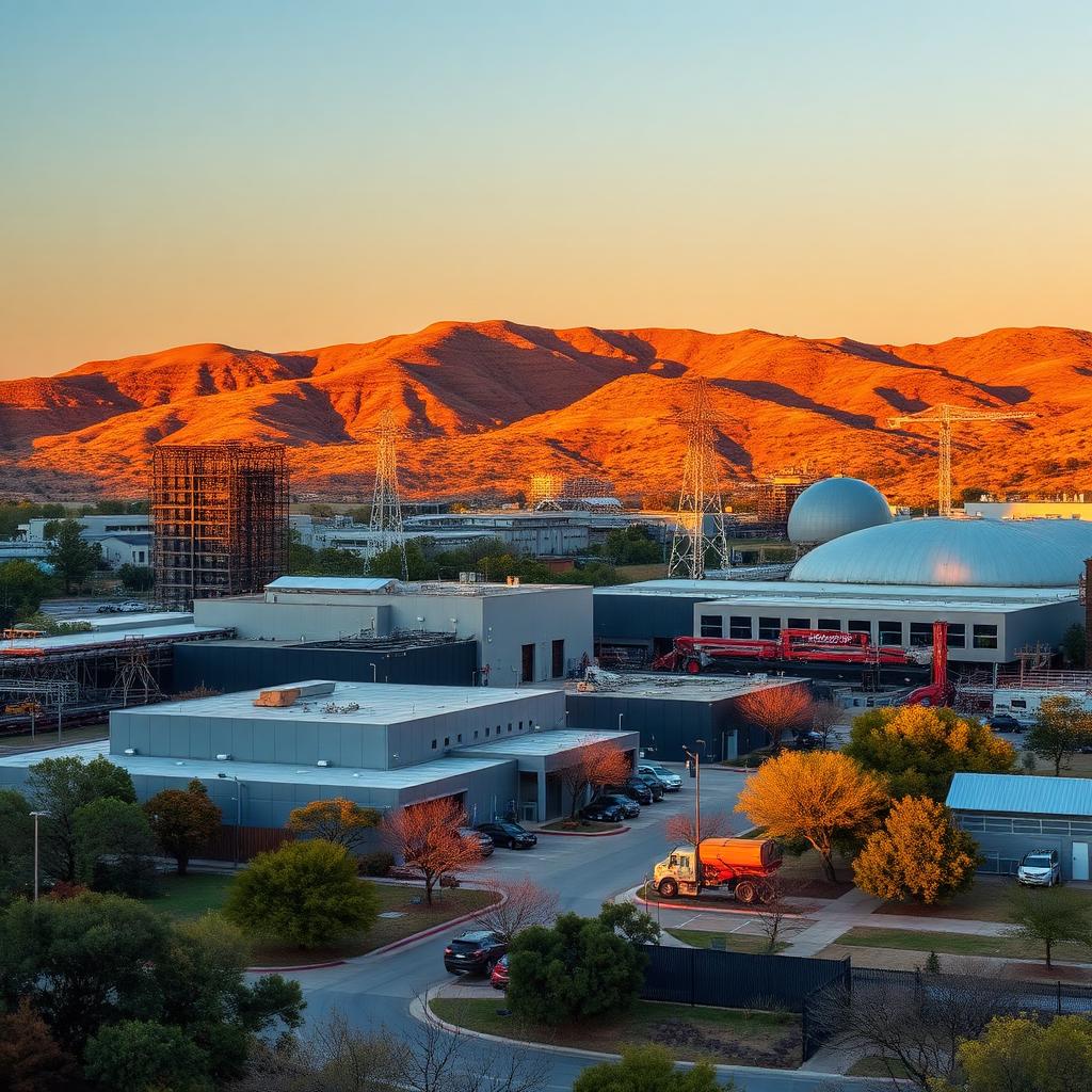 Austin Texas advanced manufacturing facility with Hill Country in background at golden hour