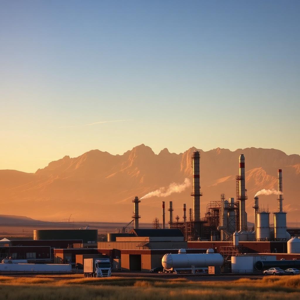 Billings Montana industrial refinery and fabrication shops with rimrocks in background at golden hour