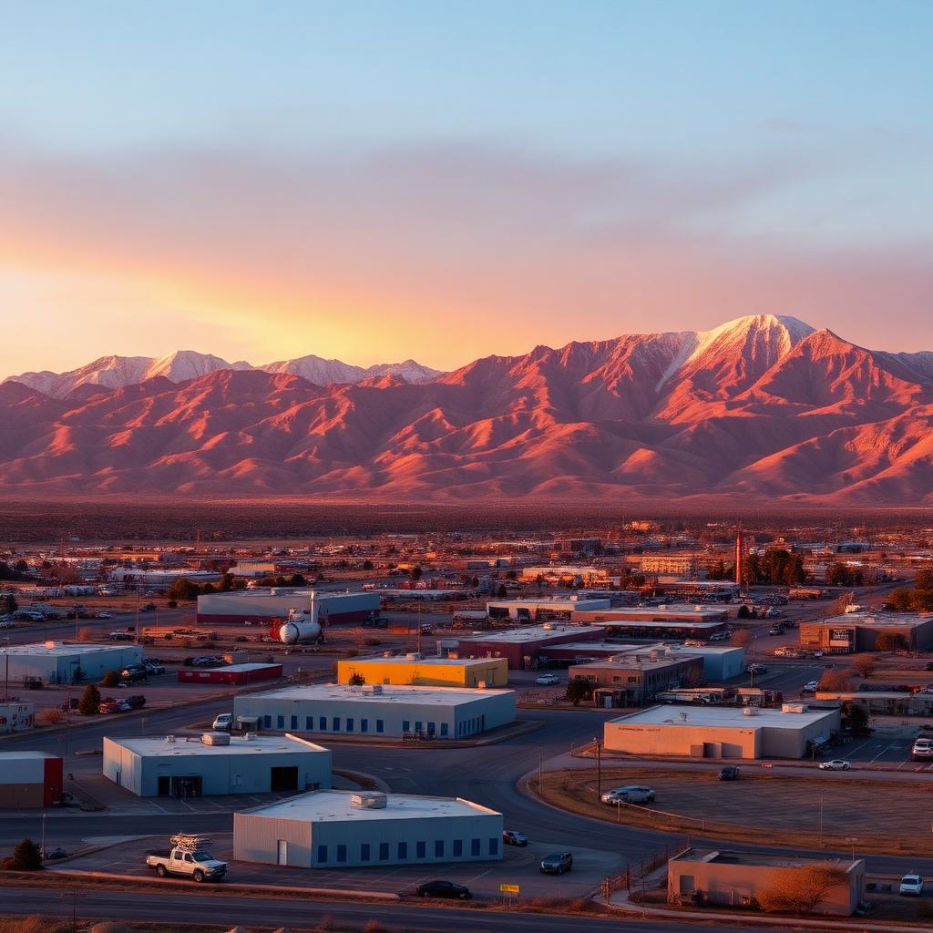 Carson City Nevada industrial park with Sierra Nevada mountains at golden hour