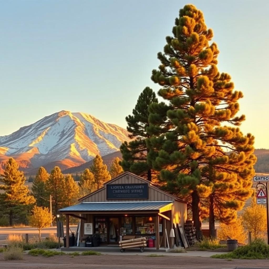 Flagstaff Arizona small manufacturing shop with ponderosa pines and San Francisco Peaks at golden hour