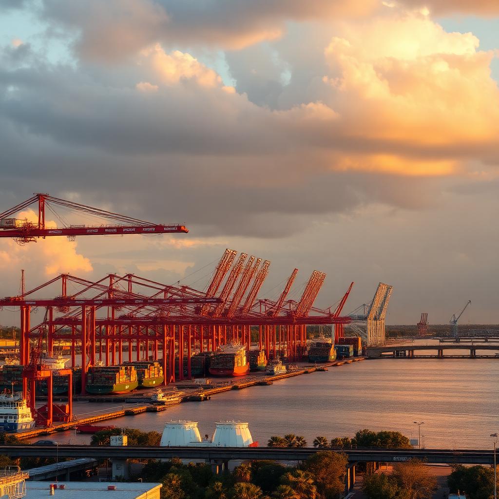 Jacksonville Florida port industrial district with shipping cranes at golden hour