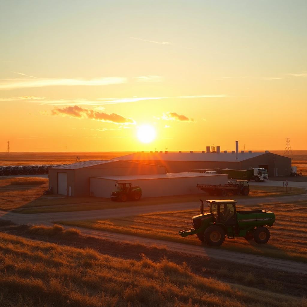 Lincoln Nebraska agricultural equipment manufacturing facility on the plains at golden hour