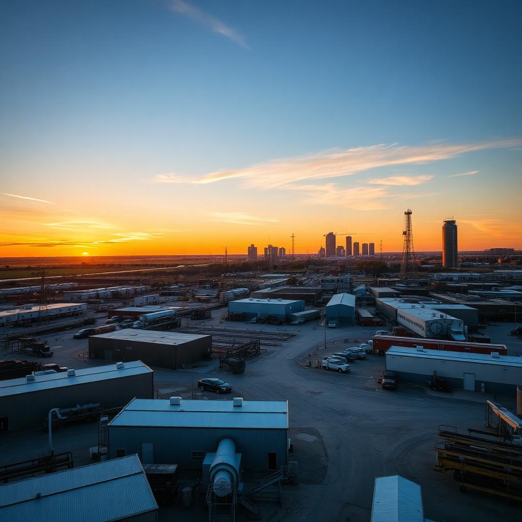 Tulsa Oklahoma aerospace MRO and oilfield corridor at golden hour