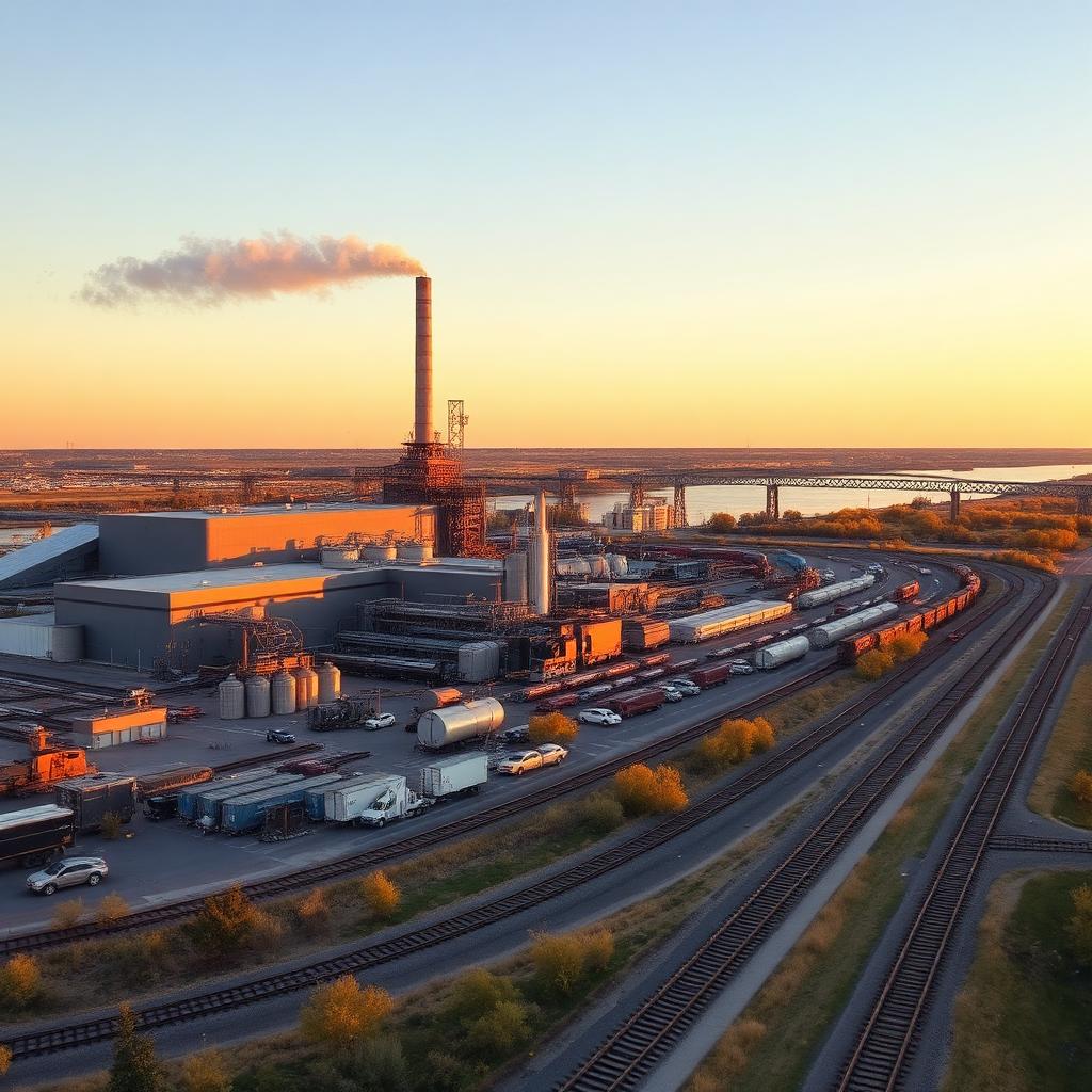 Omaha Nebraska food processing plant and rail yard with Missouri River at golden hour