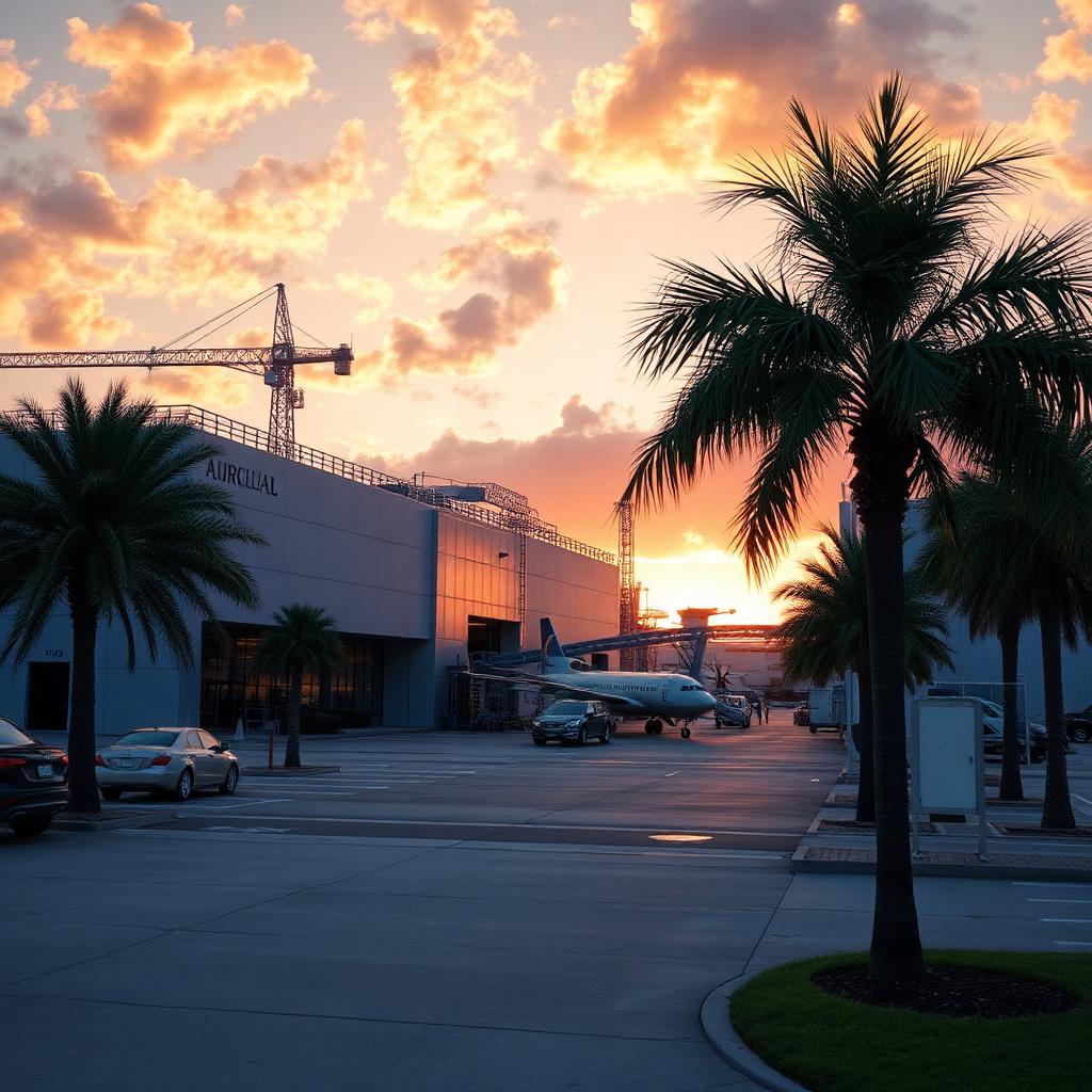 Orlando Florida aerospace and simulation manufacturing facility with palm trees at golden hour